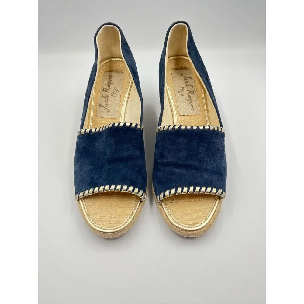 Jack Rogers Preppy Palmer Wedges Espadrille Suede Midnight Blue Gold size US 10